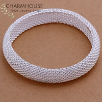 pure 925 silver bangle bracelets for women mesh round cuff bangles wristband pulseira femme wedding bridal jewelry accessories