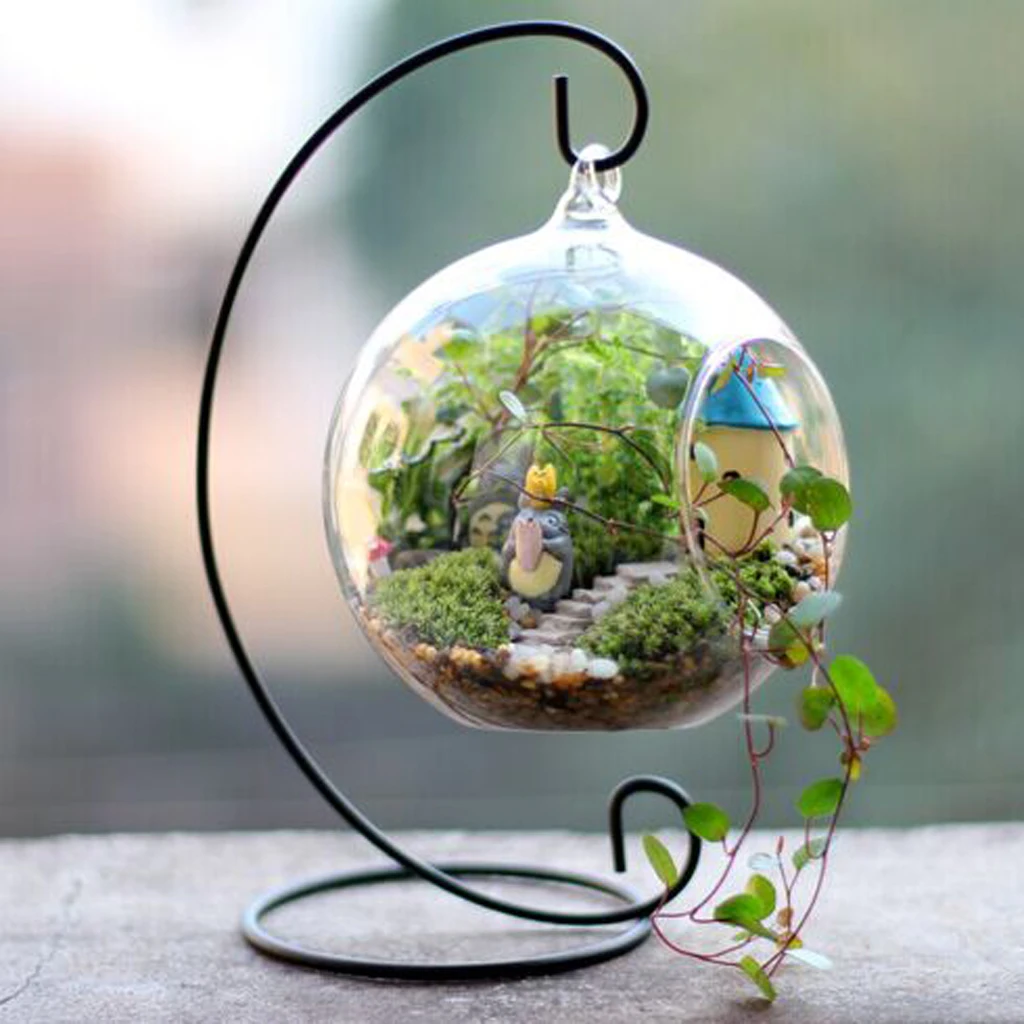 10cm Hanging Glass Flowers Plant Vase Pot Terrarium Container + Metal Stand