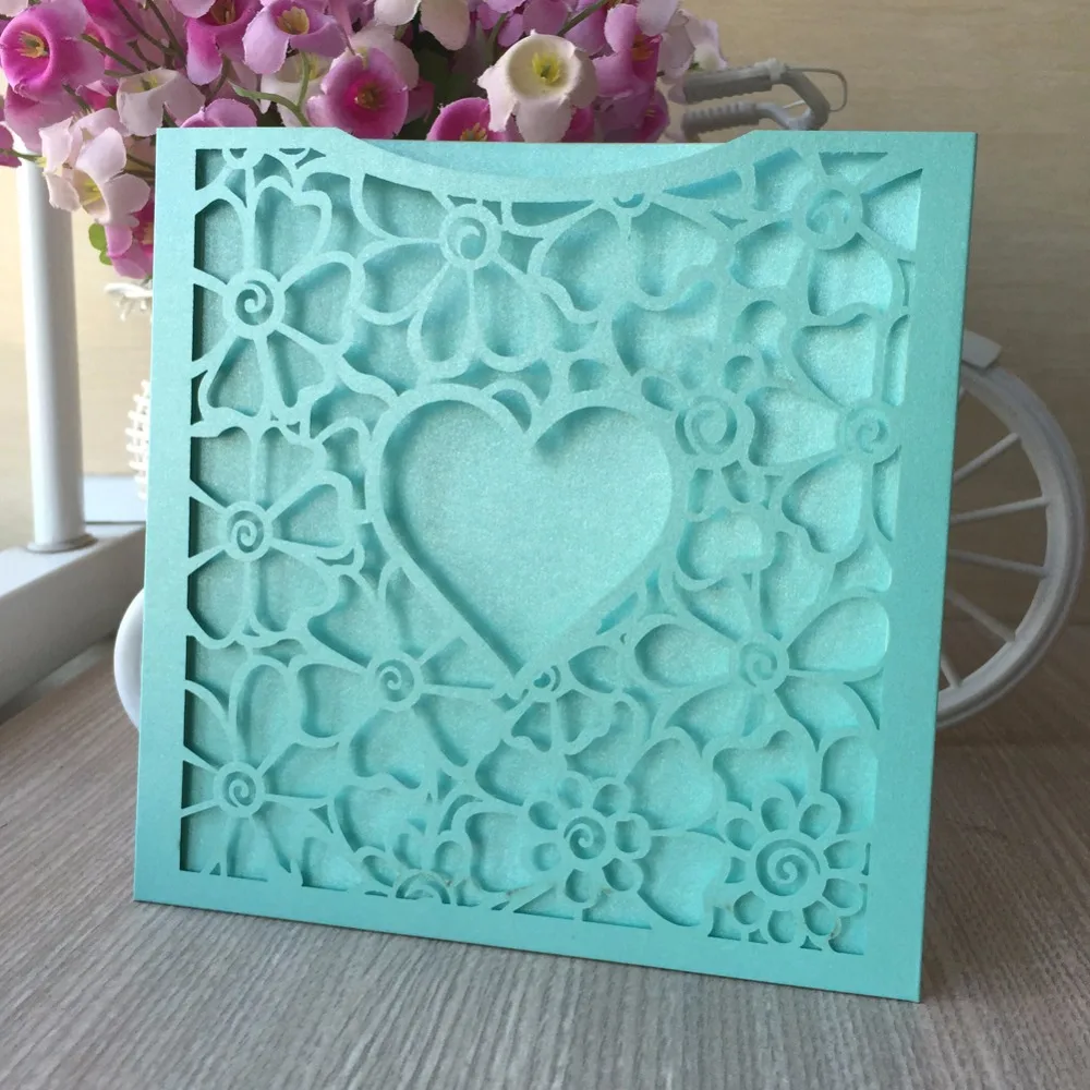 50pcs Heart Pattern card Tiffany blue color Happy Wedding Party Birthday decoration Invitation Best wishes Blessing Paper | Дом и сад