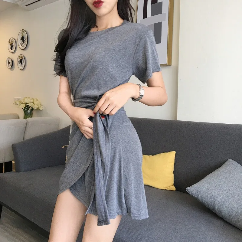 

2021 Summer Women's Korean Slim O-Neck Short Sleeve Solid Color Casual Lace Asymmetric DressTemperament Straps Waist Dress