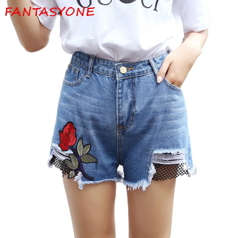 Fantasyone 2017 вышивка джинсовые шорты Цветочный Высокая Талия Джинсы Короткие Femme