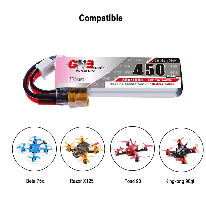 2 шт. GNB 450 мАч 2S LiPo батарея HV 7 6 V 80C XT30 разъем для FPV гоночного дрона Whoops Mini Aircraft Tiny Hawk