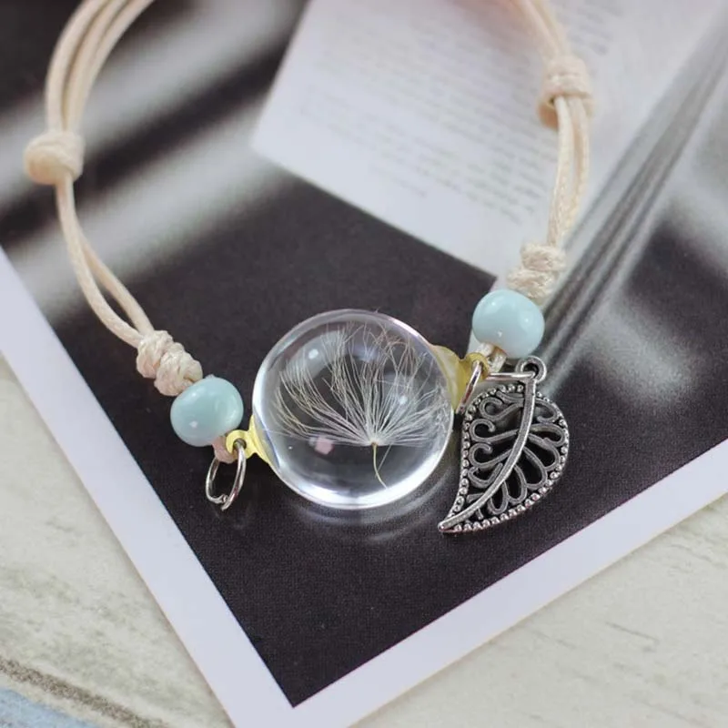 

Boho Glass Ball Weave Bracelets Real Dry Flower Bangles Dandelion Specimen Charm Bracele For Girl Jewelry Adjustable Gifts