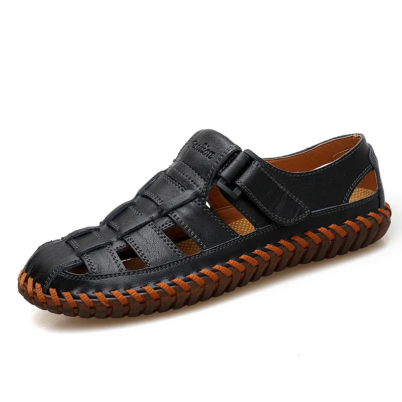 

CuddlyIIPanda 2019 Men Fashion Sandals Cow Leather Gladiator Summer Breathable Leisure Beach Shoes Male Hook&Loop Water Shoes