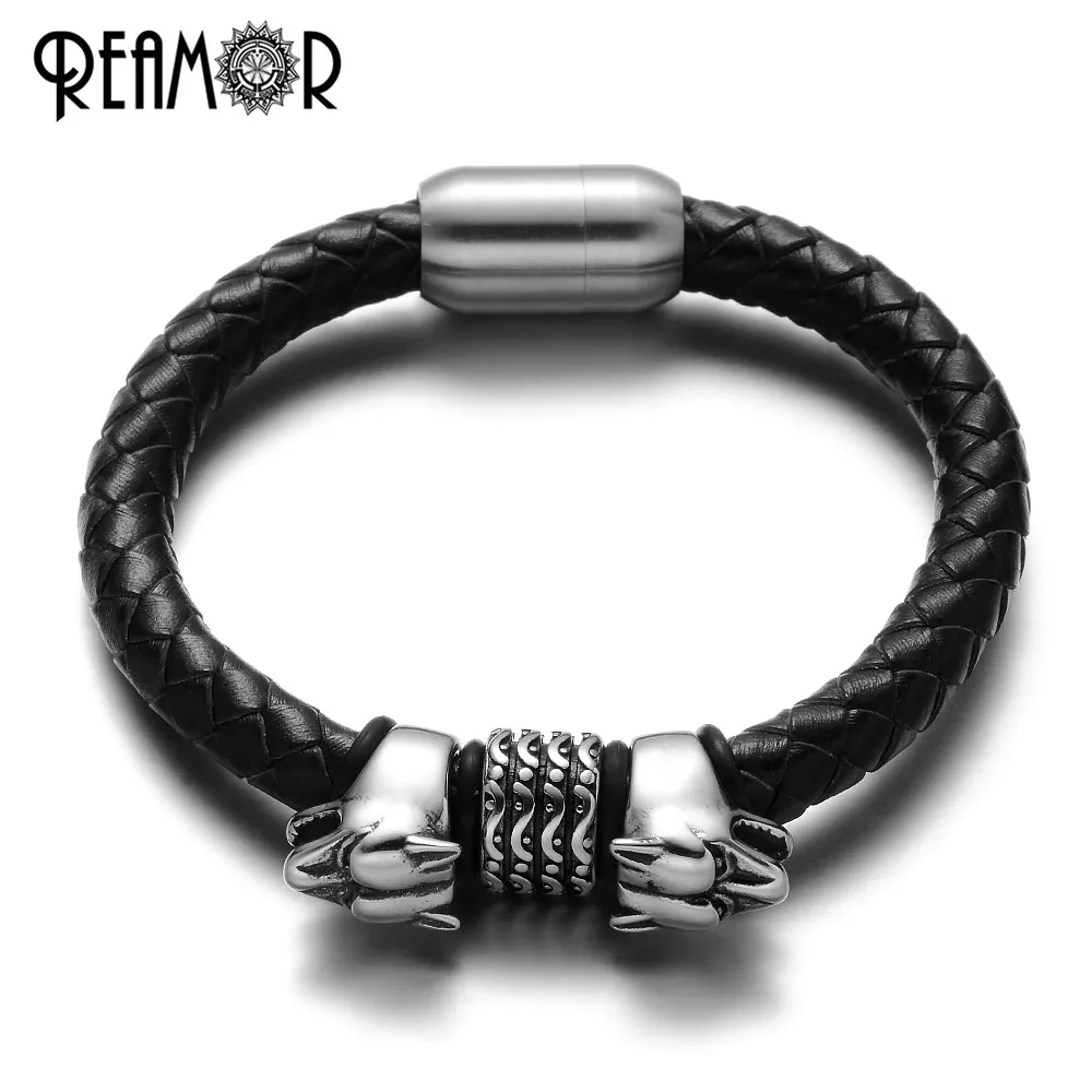 Мужской браслет с волчьей головкой REAMOR плетеный из нержавеющей стали 316L