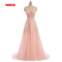fadistee vestido de festa sweet pink lace v neck long evening dress bride party sexy backless beads pearls prom dresses lace up
