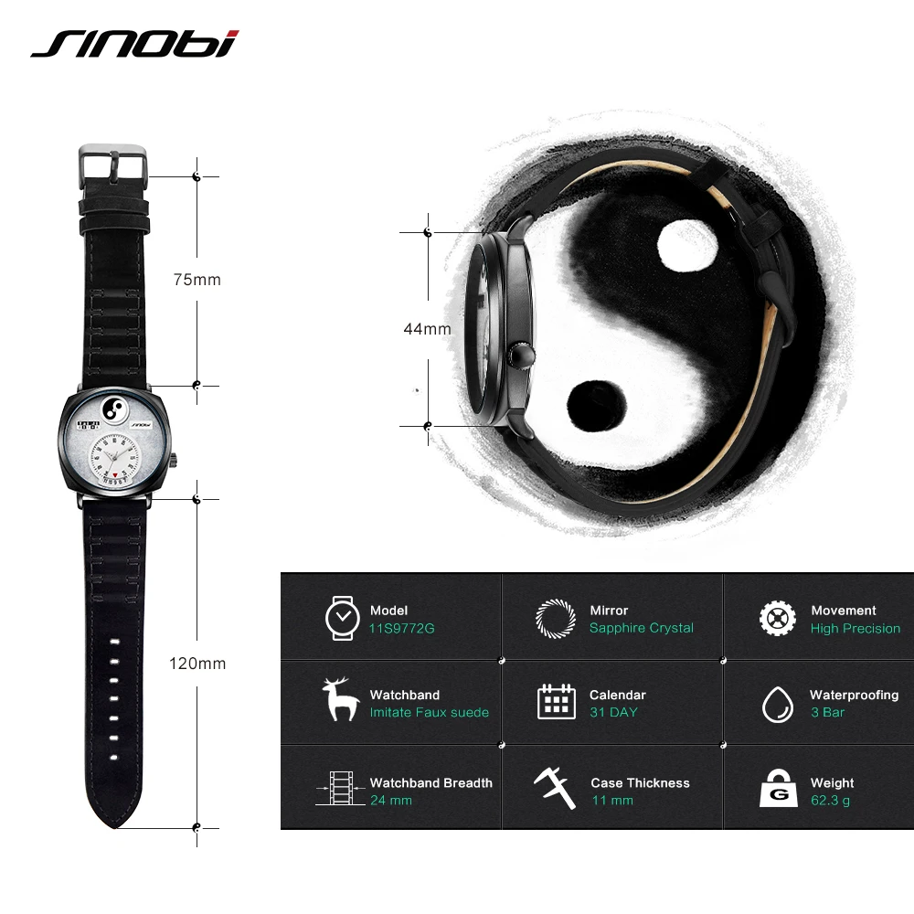 SINOBI Роскошные Кварцевые часы мужские модные классические с циферблатом Tai Chi