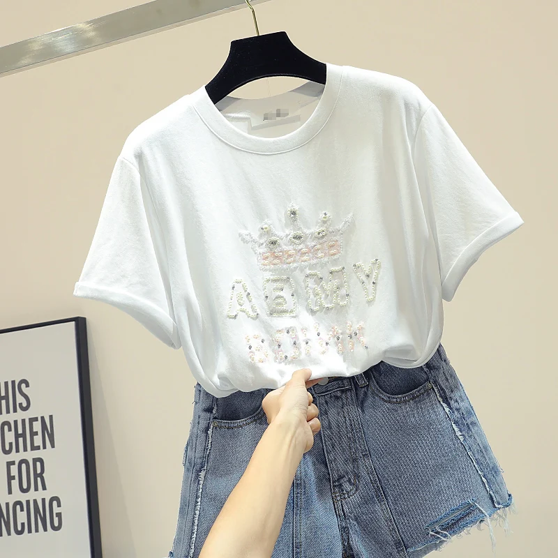 Женская футболка из хлопка модная повседневная Летняя трикотажная с коротким