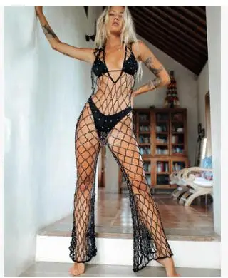 Саида De Praia женские бикини накидка для пляжа Костюмы летние женские пляжные парео для Для женщин Paero сексуальный купальник с сеткой Платье-туника - Цвет: Черный