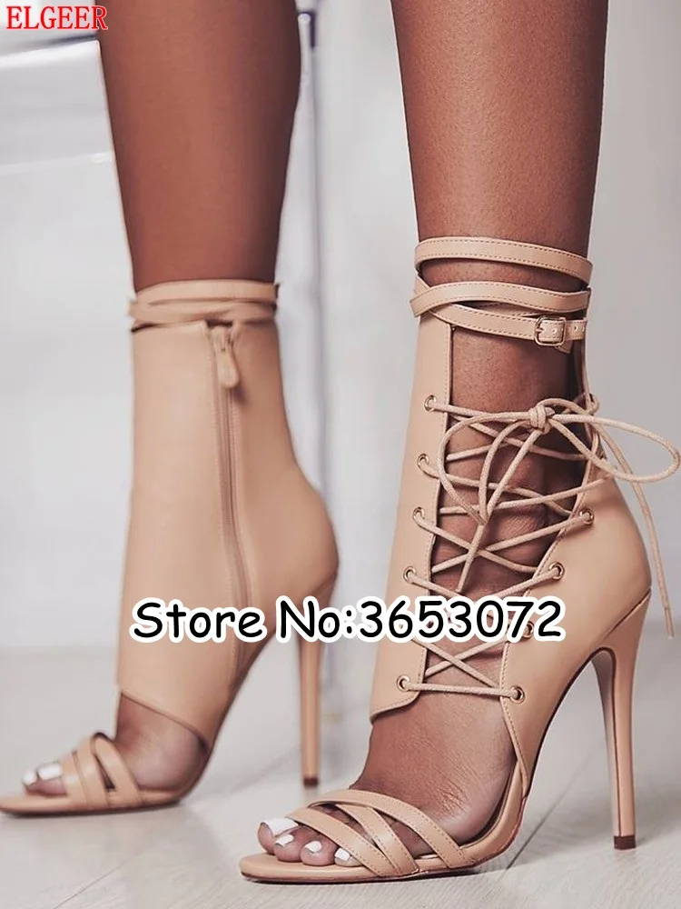 Босоножки на высоком каблуке-шпильке со шнуровкой с открытым носком вырезами