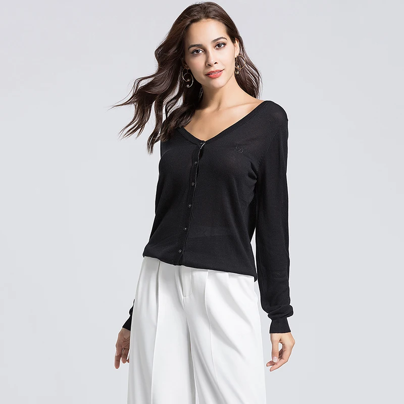 Escalier Women 75%Silk Sexy Sweaters Casual Full Sleeve Single Breasted Cardigans V-Neck Thin Style Sweater Back button design |