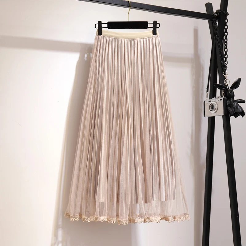 

2019 Autumn Winter Vintage Skirts Womens Elastic High Waist Tulle Mesh Skirt Long Pleated Tutu Skirt Female Jupe Longue