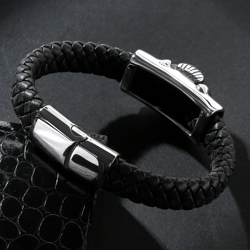 Браслет из нержавеющей стали и браслет черный плетеный кожаный Мужские