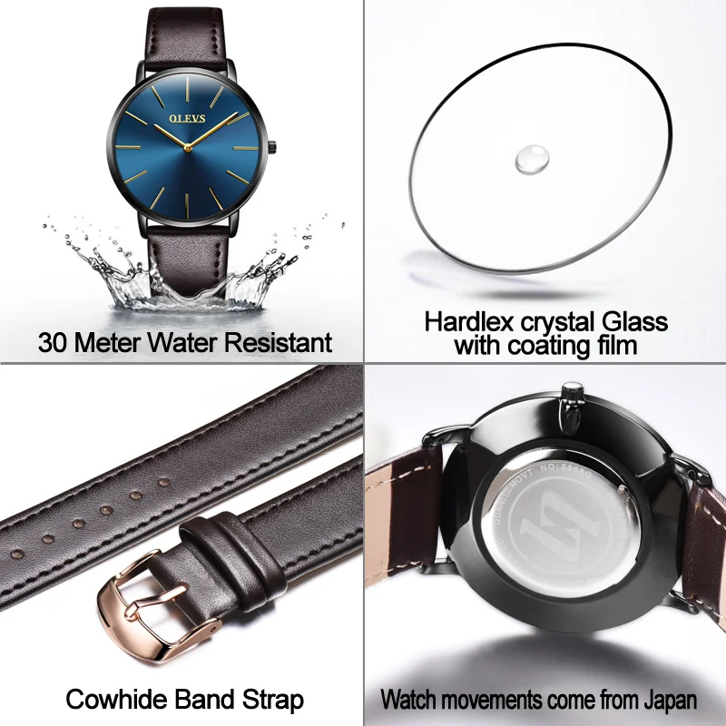 Ультра тонкие мужские часы 2017 Топ бренд класса люкс Натуральная кожа