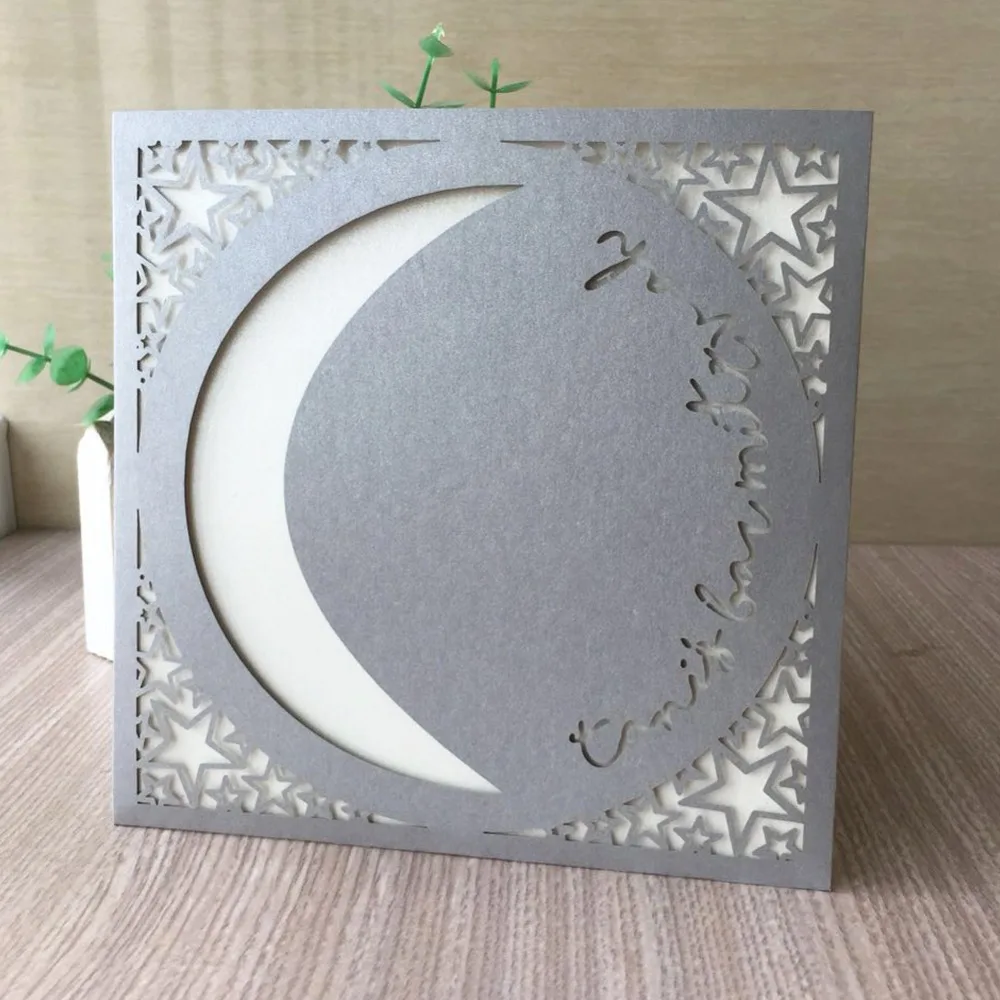 

100Pcs/Lot Customized Moon Design Pearl Paper Card For Wedding Birthday Blessing Greeting Christening Baptism Grand Event