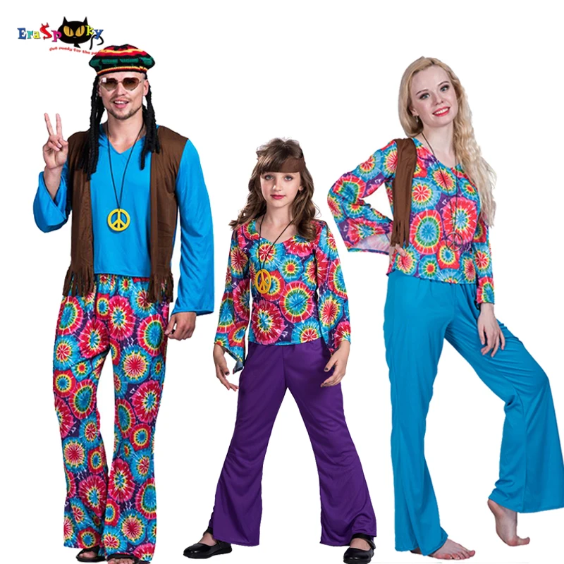 Для мужчин 70s ретро Hippie Peace и любовь Косплэй для взрослых; костюм для Хэллоуина; Детские карнавальные костюмы вечерние Для женщин Семья группа нарядное платье для пар