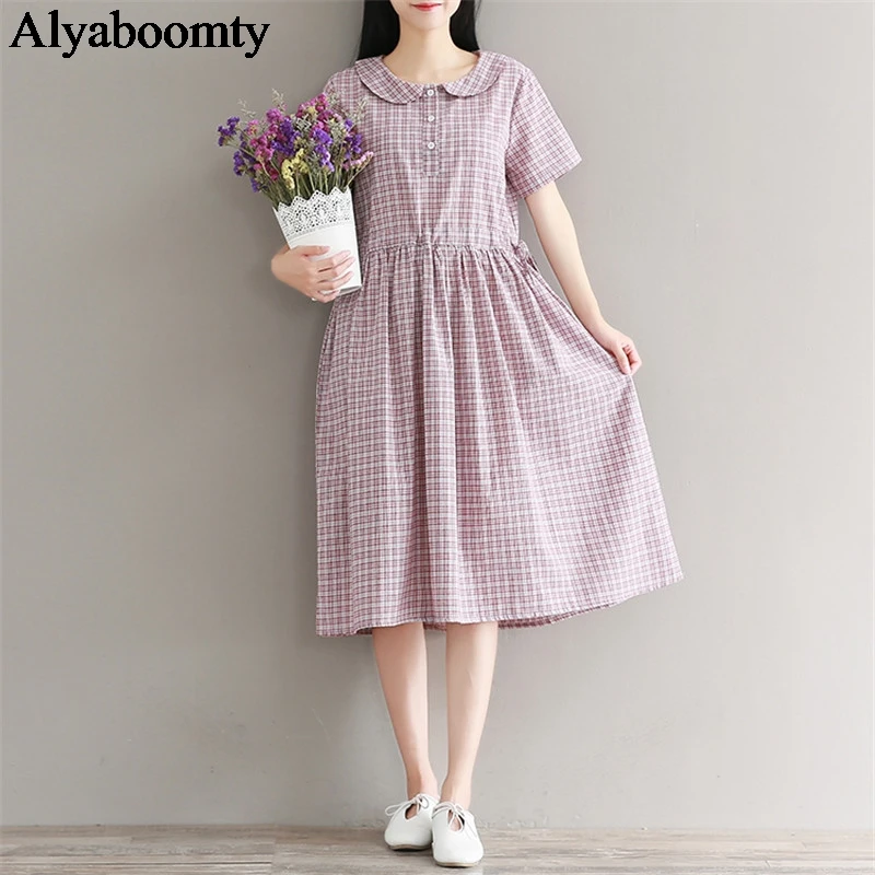 Mori Girl летнее женское клетчатое платье с воротником Питер Пен хлопковое льняное
