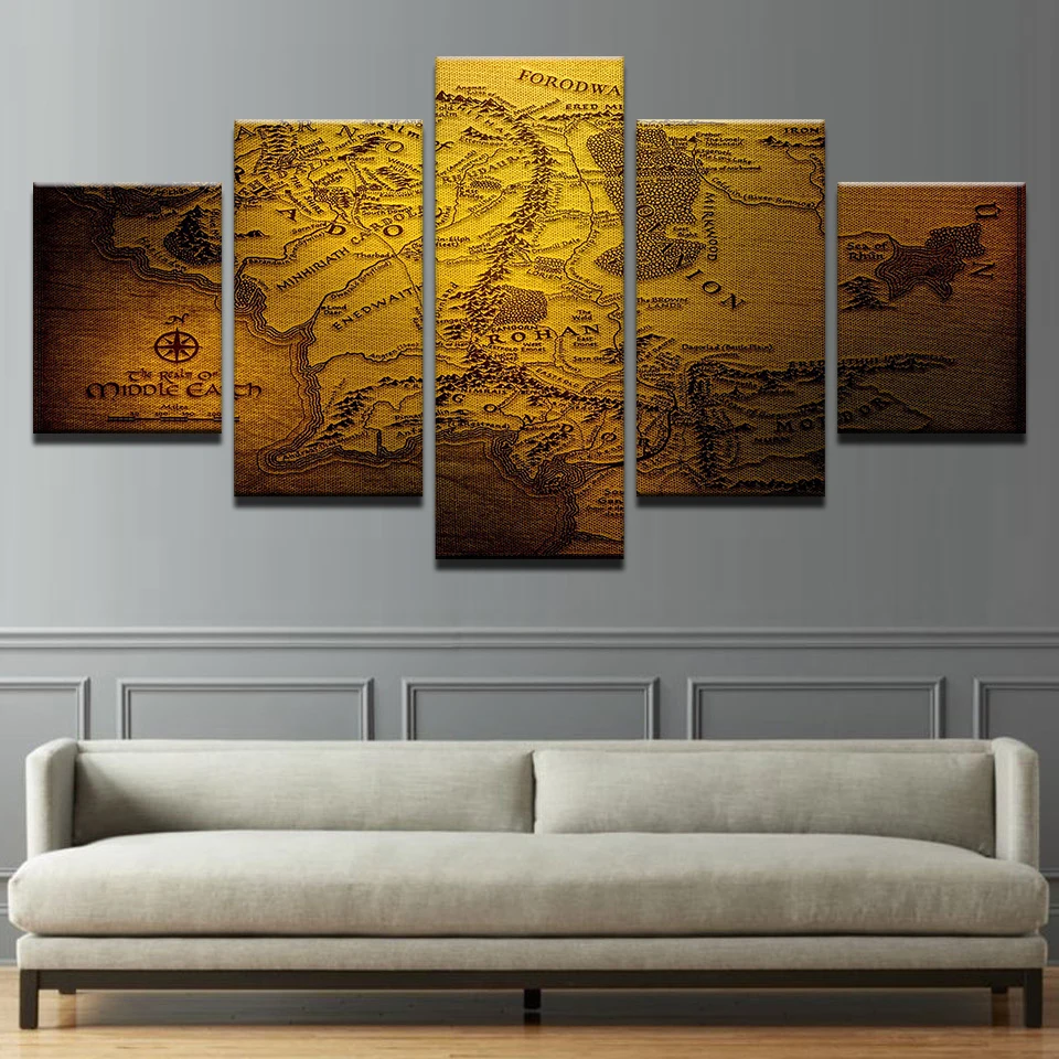 5 Pieces HD Prints Canvas Living Room Wall Art Pictures Lord Of The Rings Vintage Map Paintings Home Decor Movie Posters Bedroom | Дом и сад