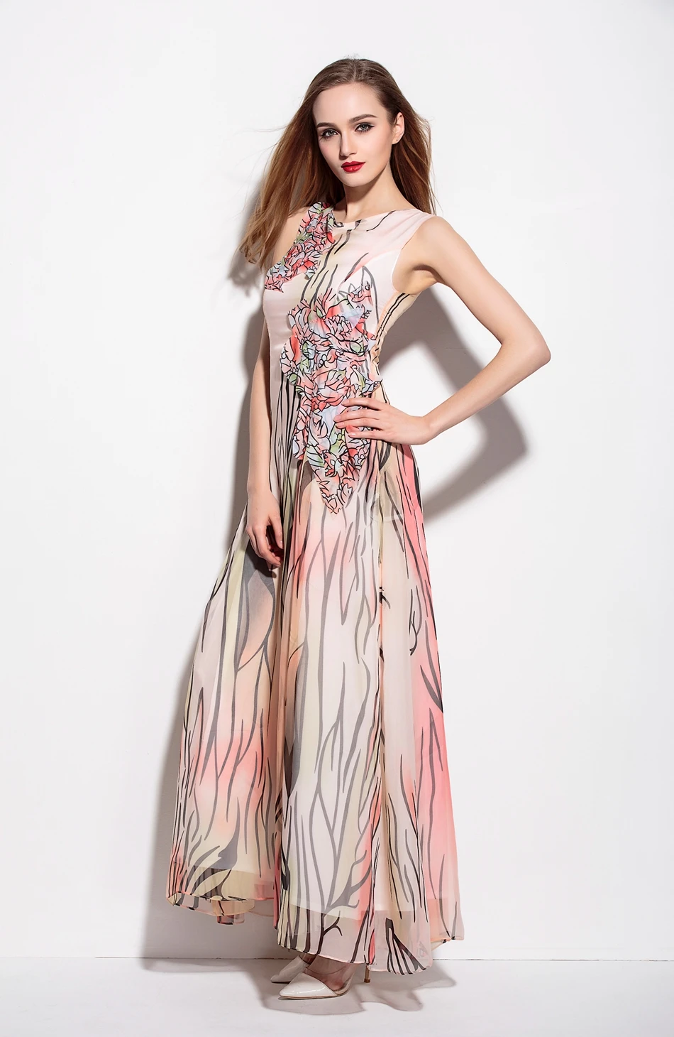 Europe 2016 Summer New Women's Dresses Printed Round Neck Sleeveless Beaded Long Section Dress ML16930 | Женская одежда
