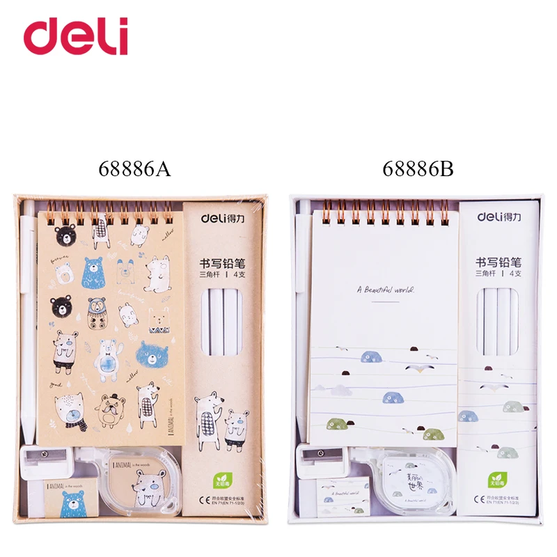 

Deli quality cute school kid stationery writing set A6 spiral notebook gel pen pencil correction tape eraser mini sharpener gift