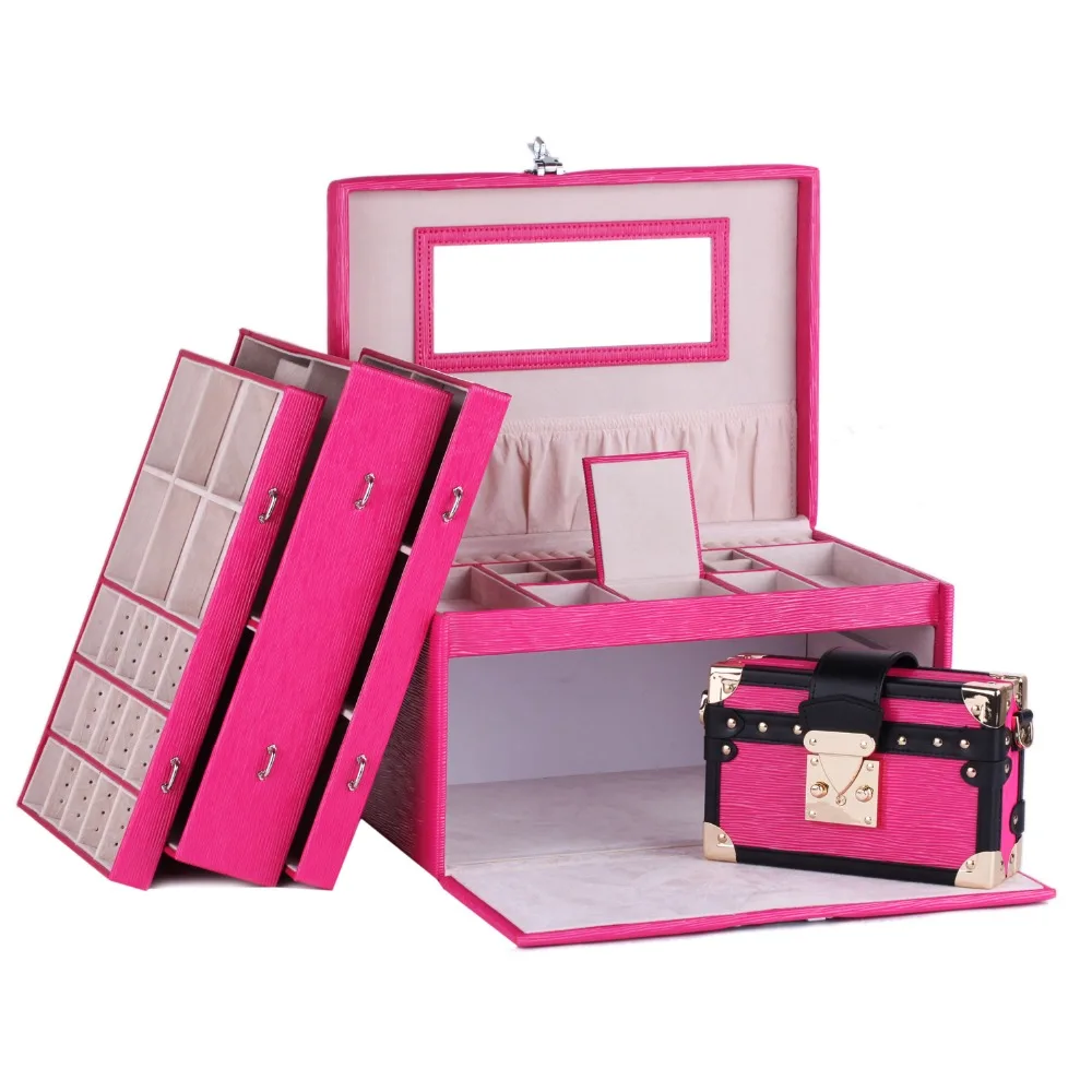 Большой розовый красный чехол для ювелирных изделий Подарочная коробка кожзам