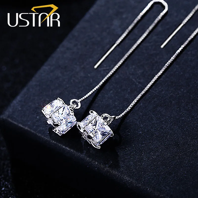 Длинные серьги подвески USTAR для женщин серебряная цепочка кубические
