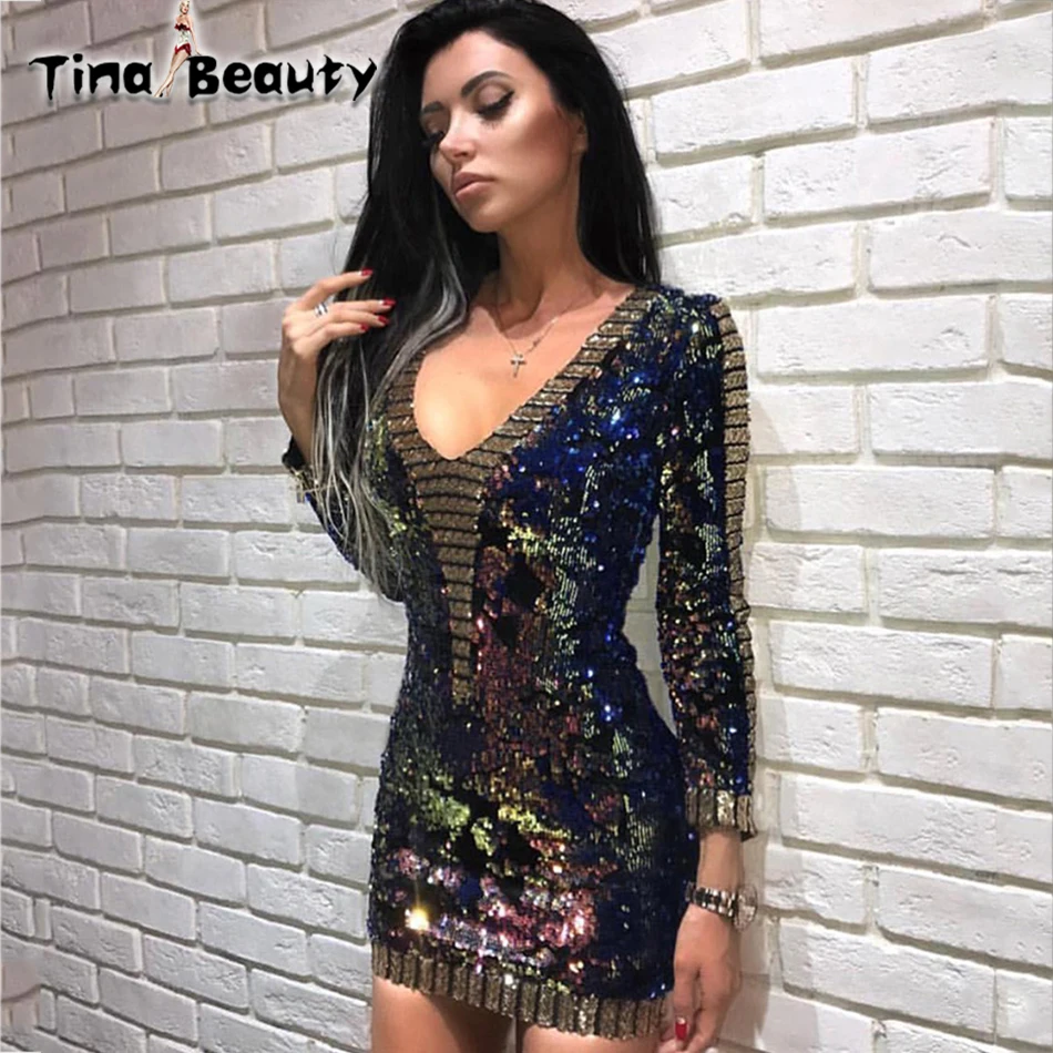 Мини платье с блестками Tina Beauty разноцветное блестящее облегающее длинным