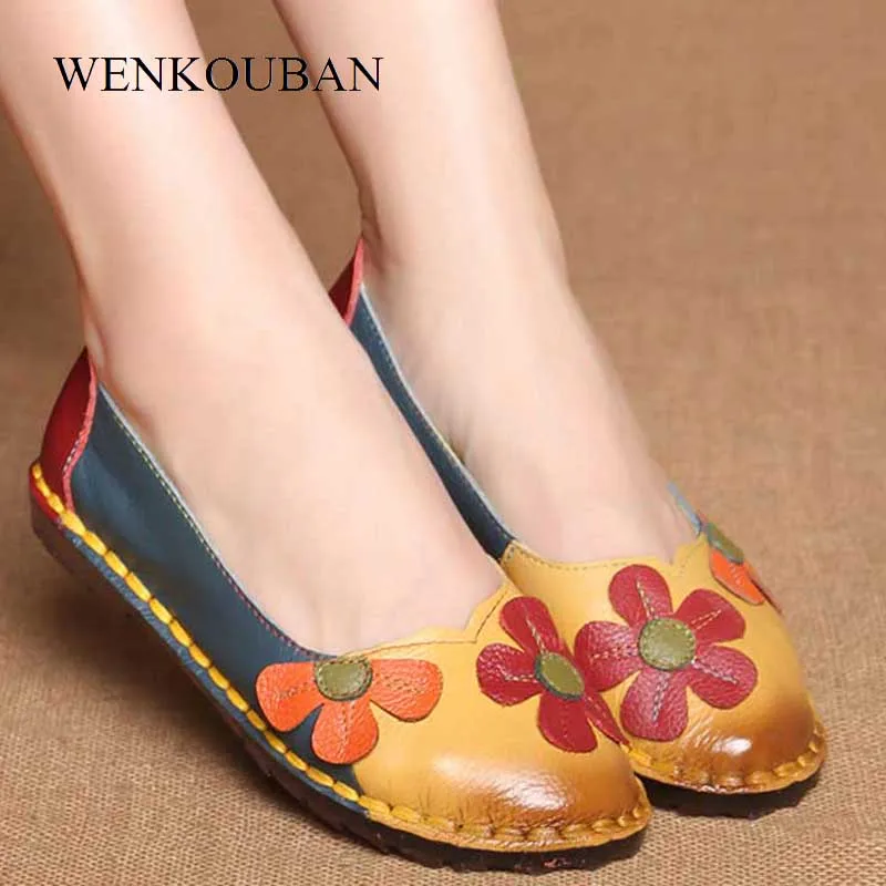 Кожаная обувь женские Балетки без застежки на плоской подошве лоферы мокасины