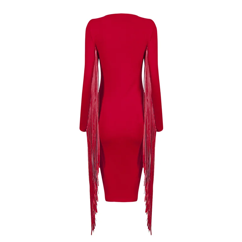 INDRESSME Красное Облегающее платье средней длины с длинным рукавом бахромой и