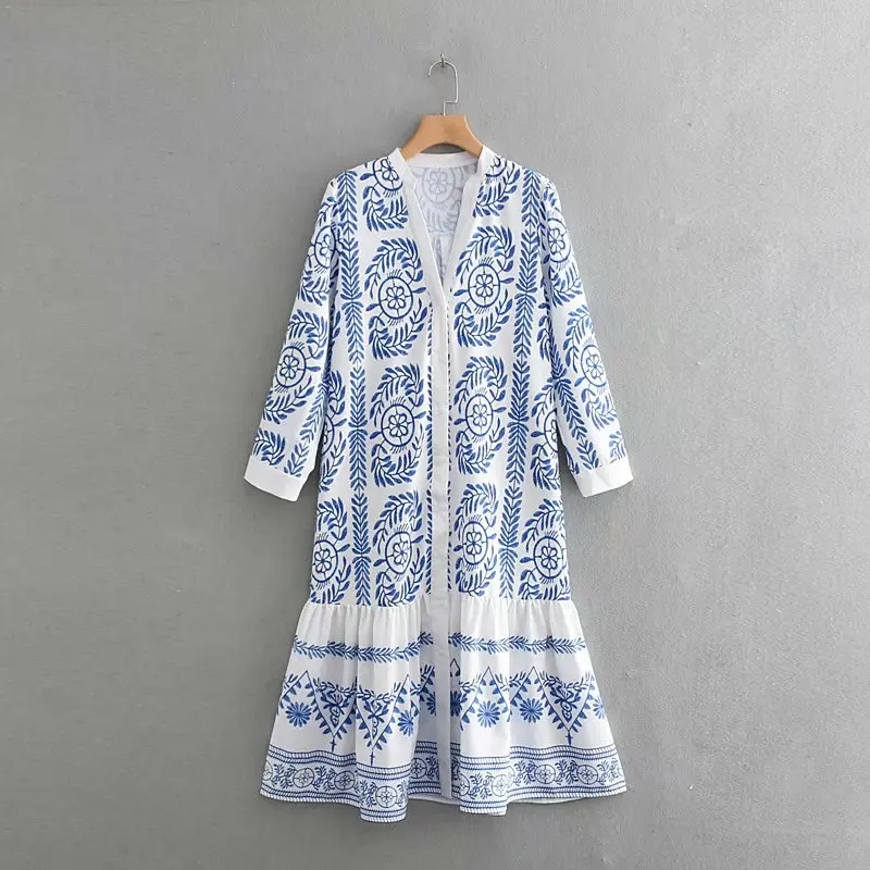 2019 женское винтажное синее и белое фарфоровое платье рубашка с принтом v образным