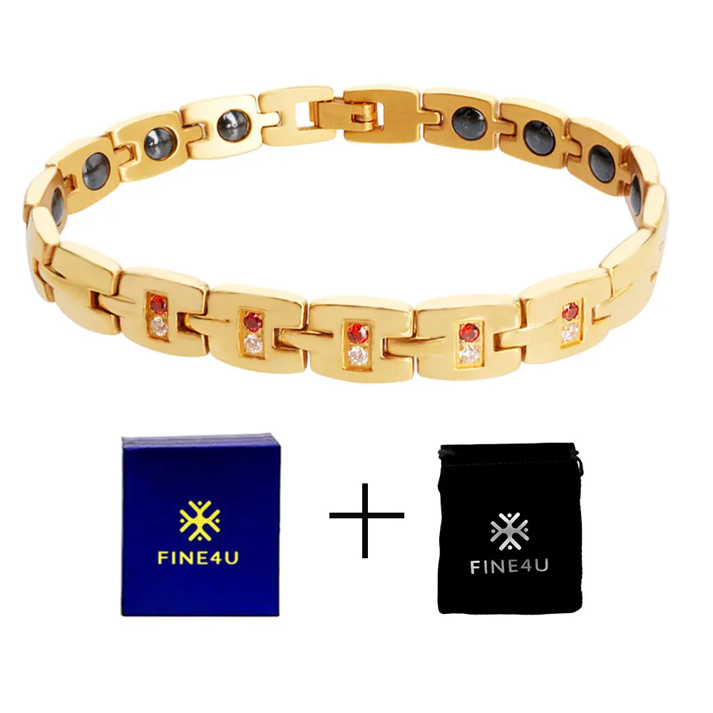 Gold3 FINE4U B076 модные цирконы здоровья магнитный браслет для женщин 316L нержавеющая сталь браслеты и оздоровительный германий - Окраска металла: Gold3