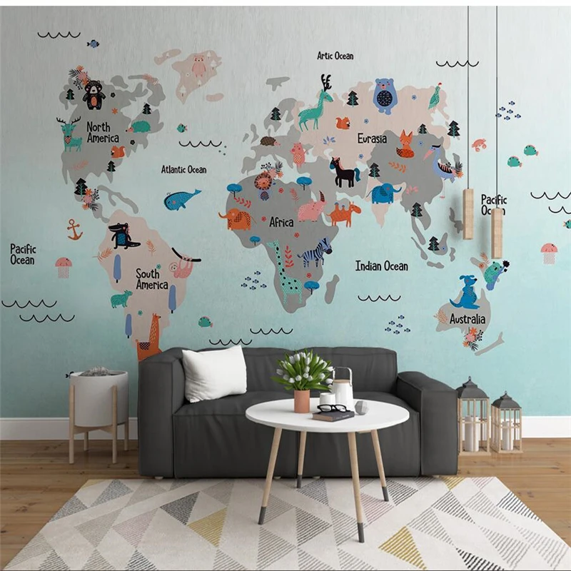 Beibehang пользовательские обои 3d фото роспись Ручная мультфильм мир животные карта