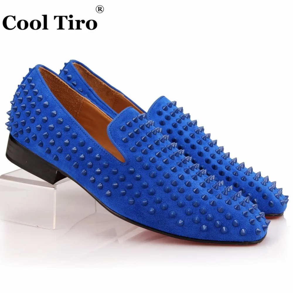 Крутые мужские лоферы TIRO с шипами и заклепками синие замшевые модельные туфли