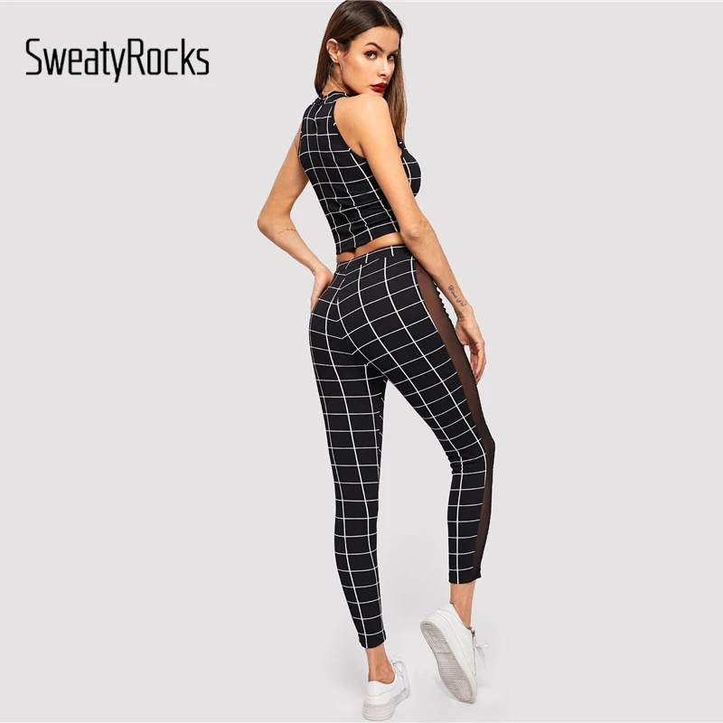 Комплект из топа и леггинсов в сеточку SweatyRocks, уличная одежда, эластичный сексуальный комплект из двух предметов, летний женский комплект, клетчатая одежда