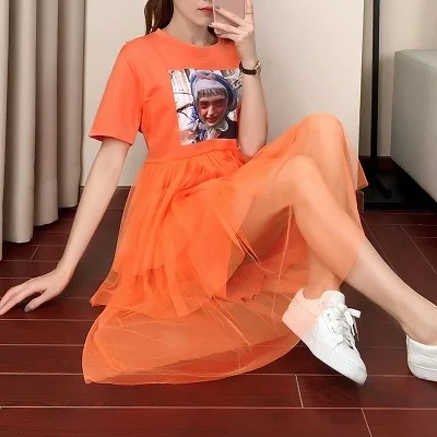 Orange red Летнее женское платье-рубашка с драпировкой и оборками, корейское уличное платье с коротким рукавом, Сетчатое лоскутное платье миди с принтом, Тюлевое платье для женщин - Цвет: Orange red