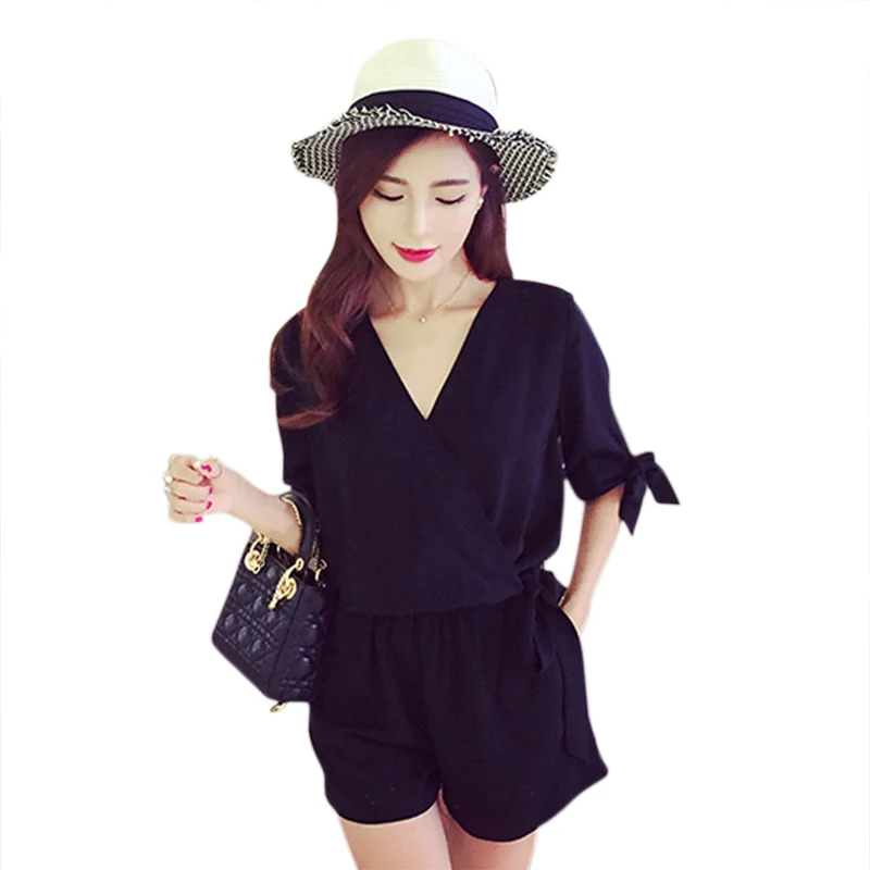 

Casual Summer Jumpsuit V Neck Romper Women Short Playsuit Short Sleeve Bowknot Overalls Black Red