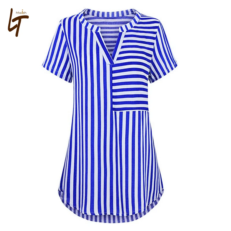 Летняя мода короткий рукав полосатая блуза Повседневное v образным вырезом