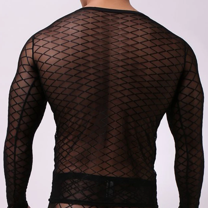 

Sexy Men Mesh Long Sleeve T-shirt Gym Fitness Breathable Sports Clothing O Neck Sportswear Men's Running Shirt