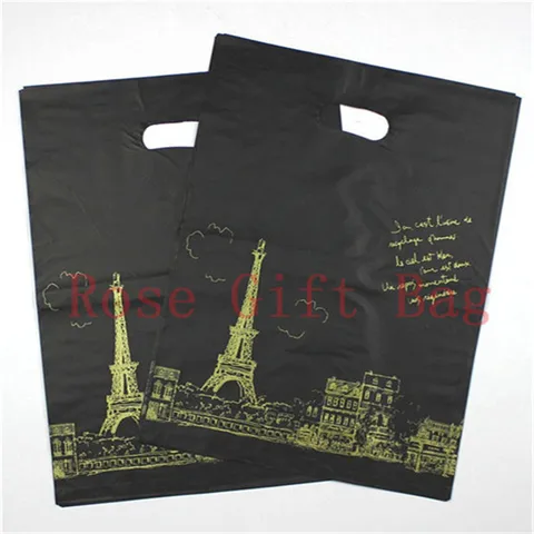 100 шт./лот черная пластиковая подарочная сумка с принтом башни 25x35 см большая упаковка для ювелирных изделий из бутика хорошие пластиковые сумки для покупок с ручкой