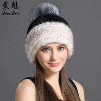 qiumei 2018 genuine fur beanie caps winter women soft fold hats with silver pompom warm knitted hat beanies real natural fur
