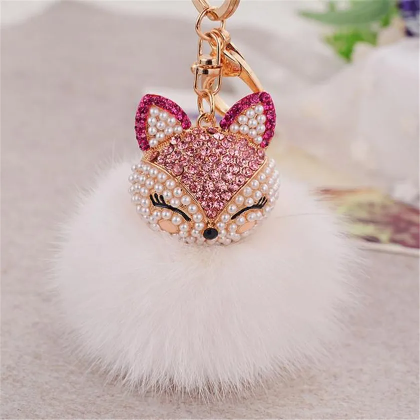 Fur Ball with Artificial Fox Head Inlay Pearl Rhinestone Key Chain New Fashion Car-styling Car key rings | Автомобили и мотоциклы