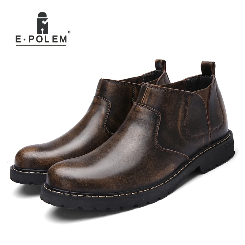 

Hot Leather Men's Chelsea Boots Retro Round Head Boots Fashion Youth Boots Men's Winter Shoes With Velvet Lining Shoes
