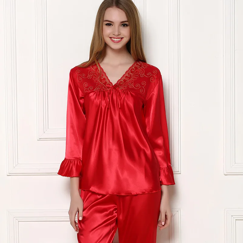 Роскошная китайская красная пижама для влюбленных женский шелковый атласный