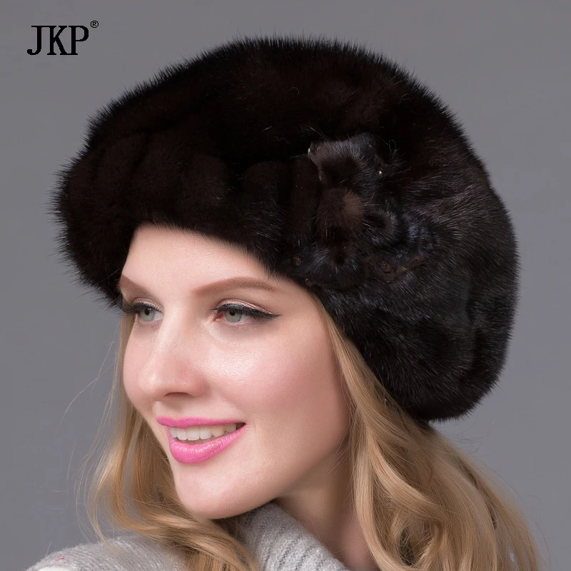100% натуральная норковая меховая шапка для женщин Зимняя цельная с цветочным
