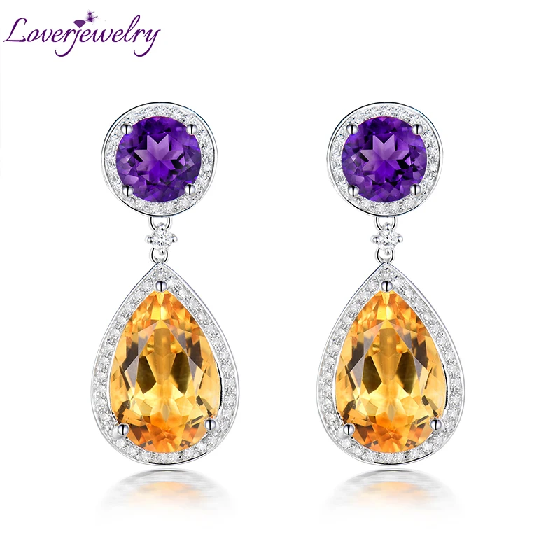

LOVERJEWELRY Drop Earrings For Lady Water Drop Earrings 750 White Gold Solid 18Kt Citrine & Purple Amethyst Earrings Women Gifts