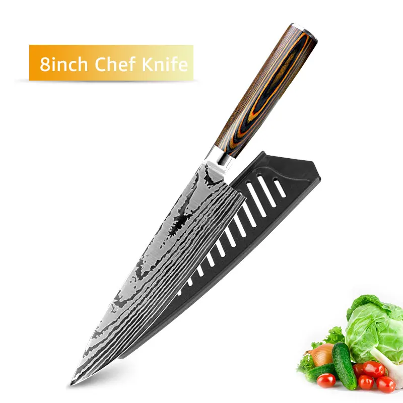 8inch chef knife Поварские ножи, кухонный нож, японский 7CR17 440C, высокоуглеродистая Нержавеющая сталь, имитация дамасской шлифовки, лазерный нож, Прямая поставка - Цвет: 8inch chef knife