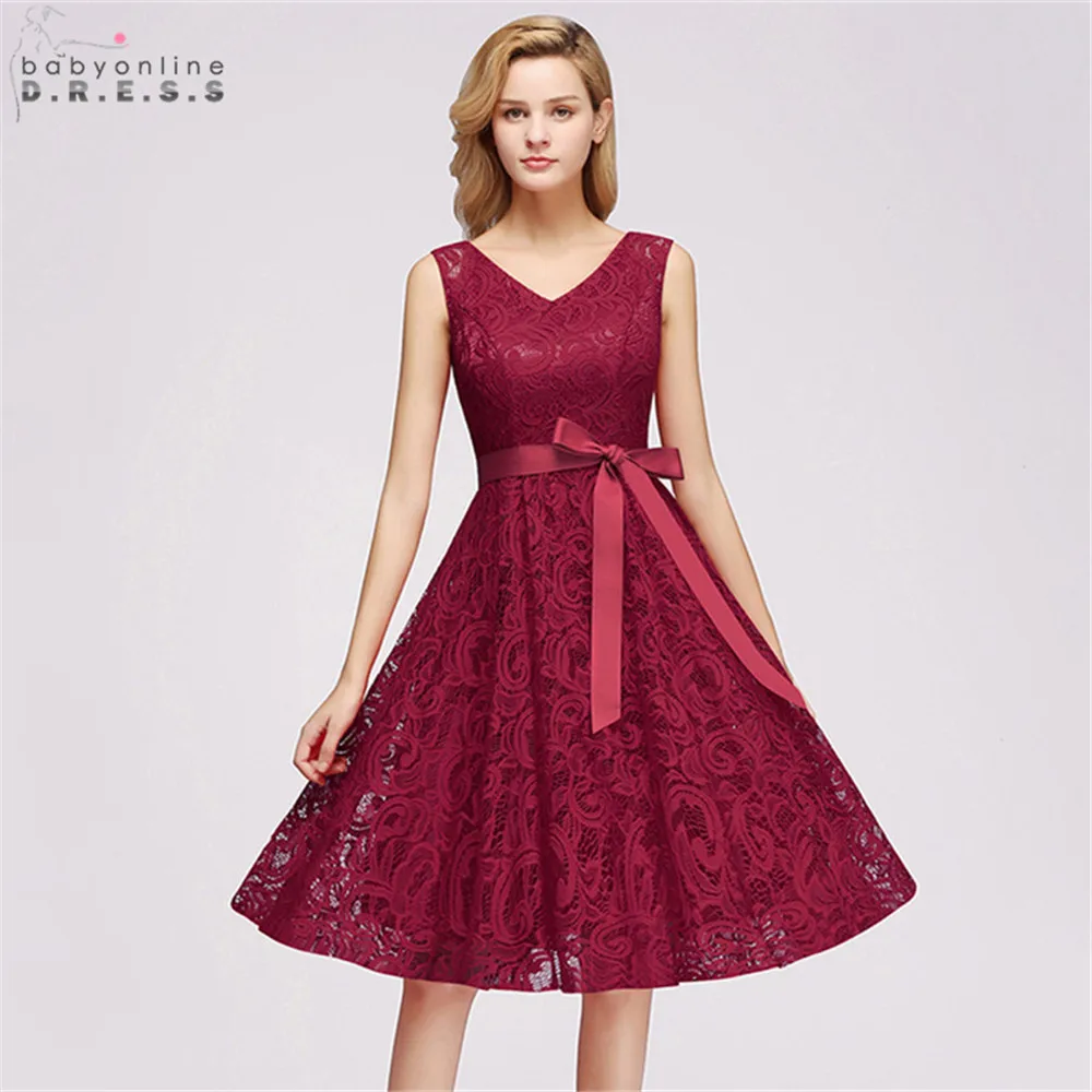 

New Ladies Plus Size A Line Lace Short Evening Dresses 2019 Elegant V Neck Sleeveless Cocktail Gown With Sashes