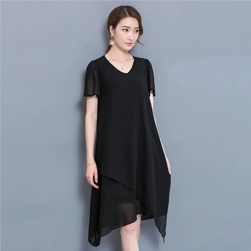 Новый дизайн асимметричное шифоновое платье с коротким рукавом женское