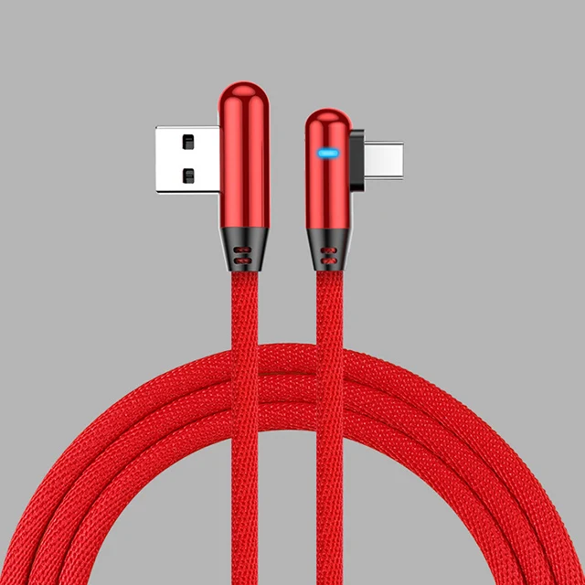 Красный Hadinas светодиодный 90 градусов Тип usb C нейлон Тип-C Быстрая зарядка USB-C кабель для Xiaomi Redmi Note 7 samsung S10 A50 tipe c провода - Цвет: Красный