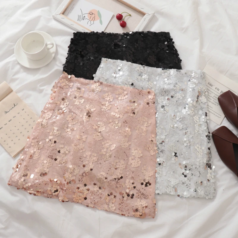 Сексуальные расшитые блестками Короткие юбки летние блестящий металлик блестки